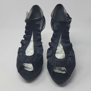 Guess Black Satin Ruffle Top Peep Toe Ankle Strap Size 10M Heels